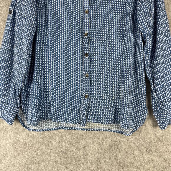 Tina Stephens Top Womens Small Blue Geometric Patterned Button Up Roll Tab Rayon - Picture 3 of 11